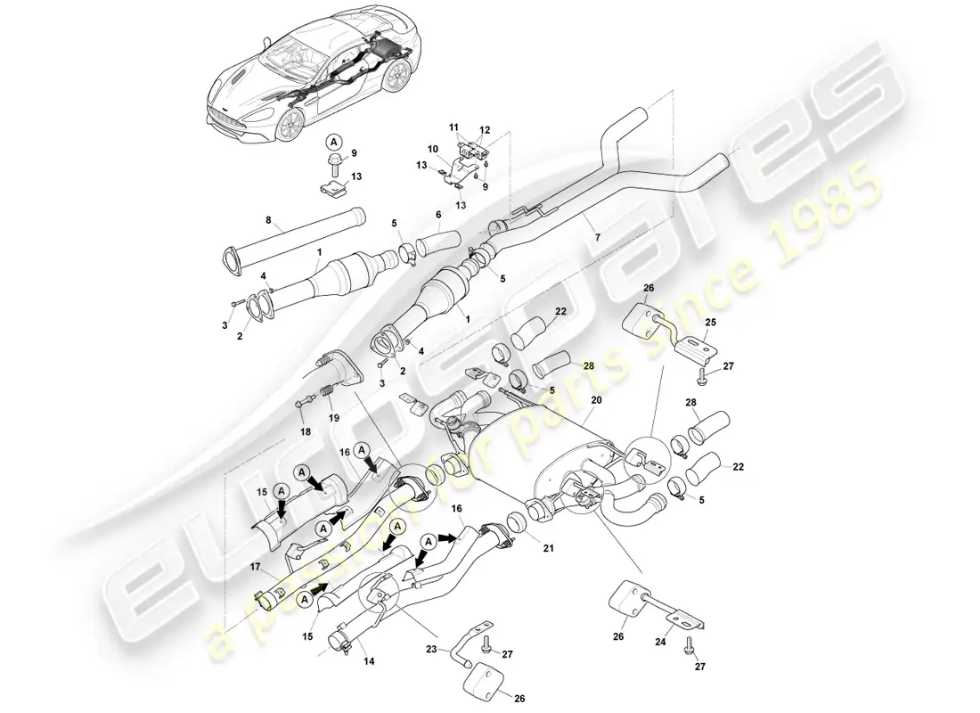 aston martin vanquish (2014) sistemas de escape diagrama de piezas