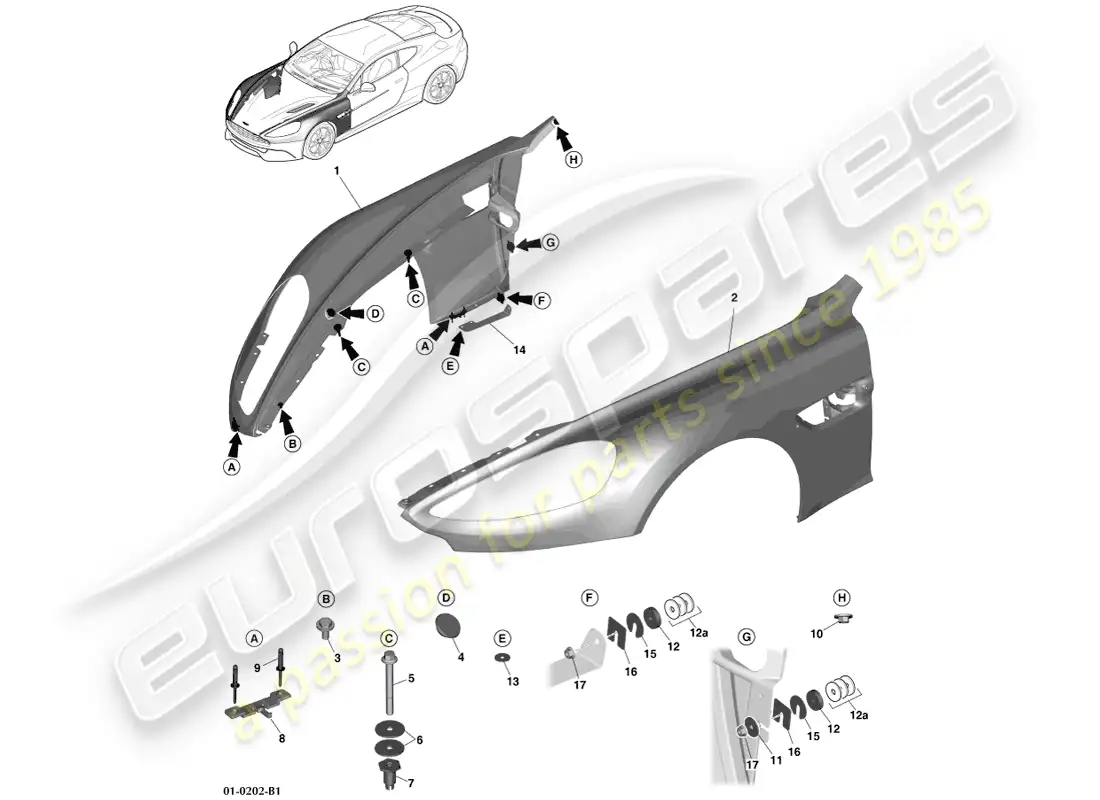 aston martin vanquish (2014) alas delanteras diagrama de piezas