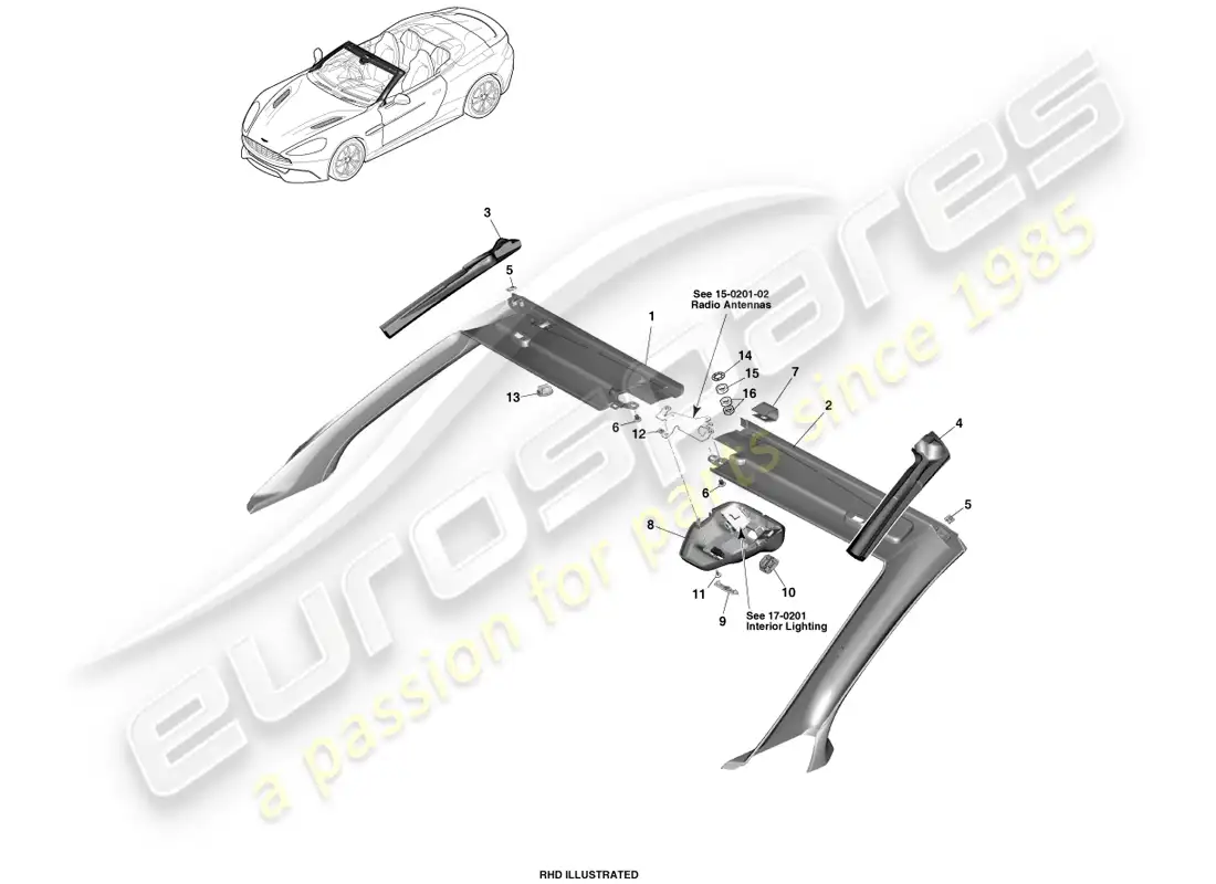 aston martin vanquish (2013) embellecedor del cabezal delantero, volante diagrama de piezas