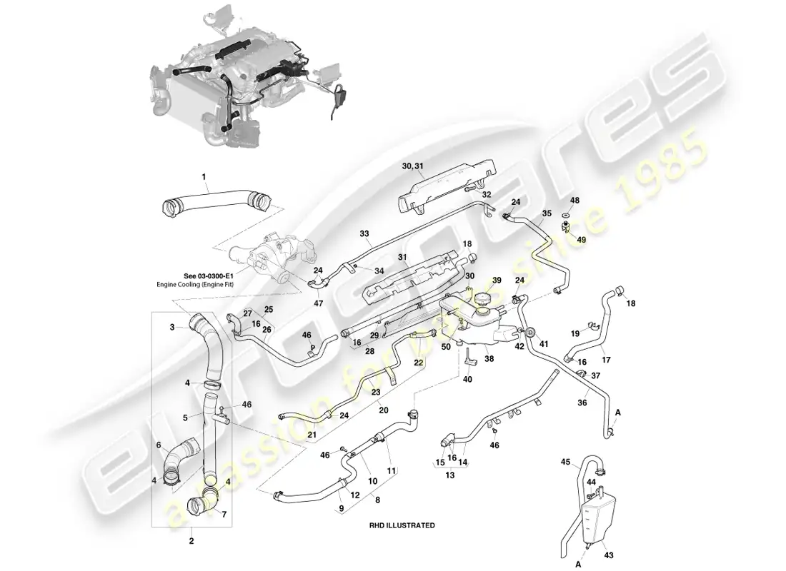 aston martin vanquish (2013) depósito de refrigerante y mangueras diagrama de piezas