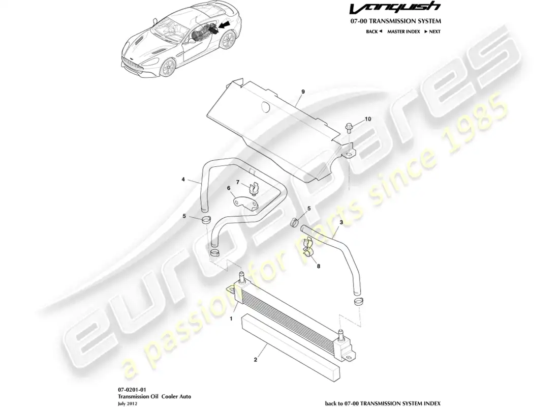 aston martin vanquish (2017) enfriador de aceite de transmisión diagrama de piezas