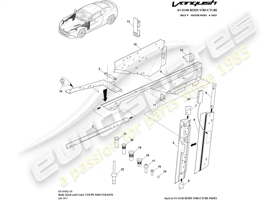 aston martin vanquish (2016) estructura de carrocería, delantera diagrama de piezas