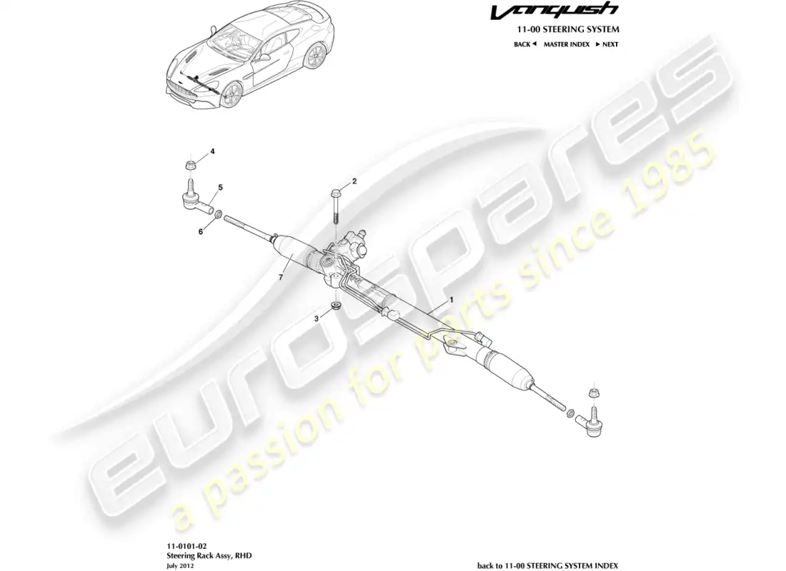 aston martin vanquish (2016) cremallera de dirección, lado derecho diagrama de piezas