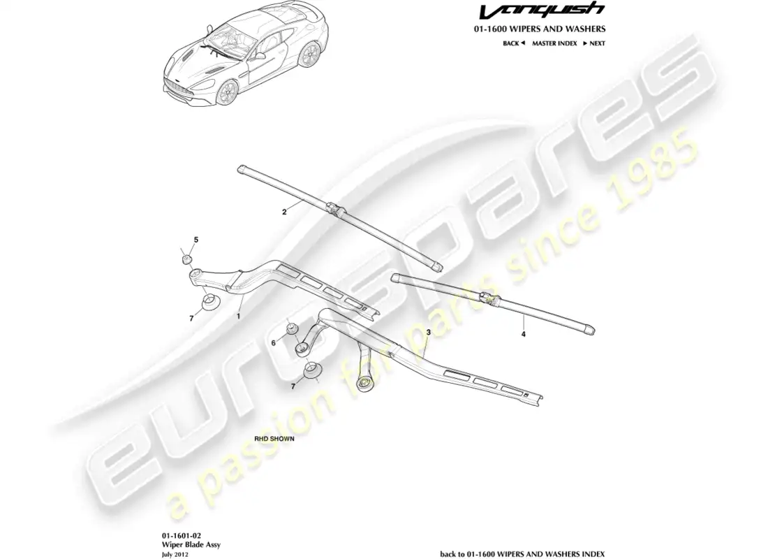 aston martin vanquish (2017) conjunto de escobilla de limpiaparabrisas diagrama de piezas