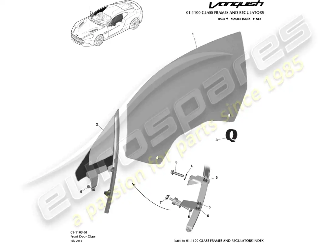 aston martin vanquish (2018) vidrio de la puerta principal diagrama de piezas