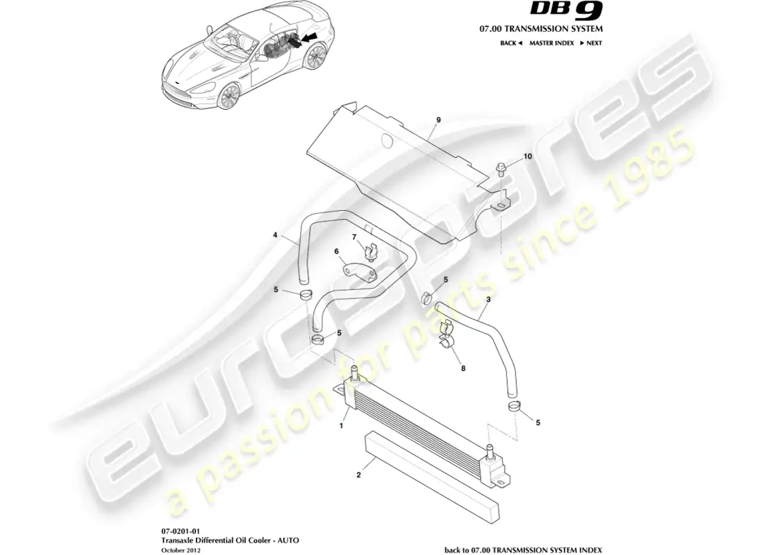 aston martin db9 (2013) enfriador de aceite de transmisión diagrama de piezas