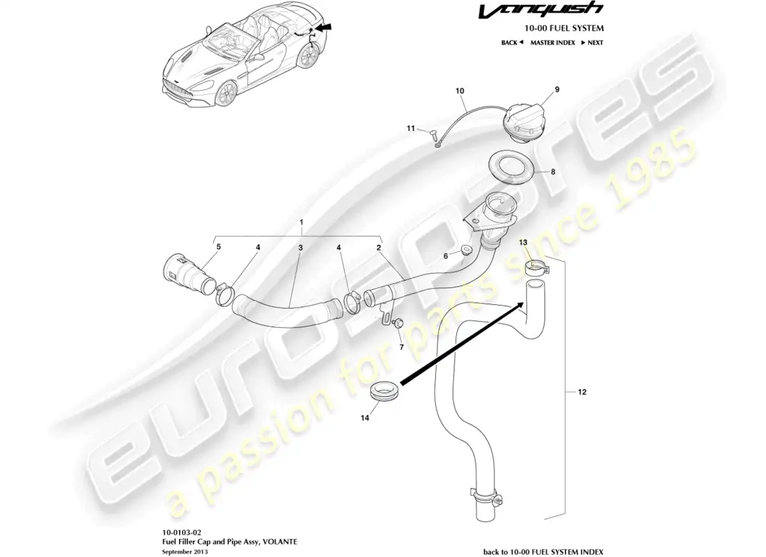 aston martin vanquish (2017) conjunto de llenado de combustible, volante diagrama de piezas