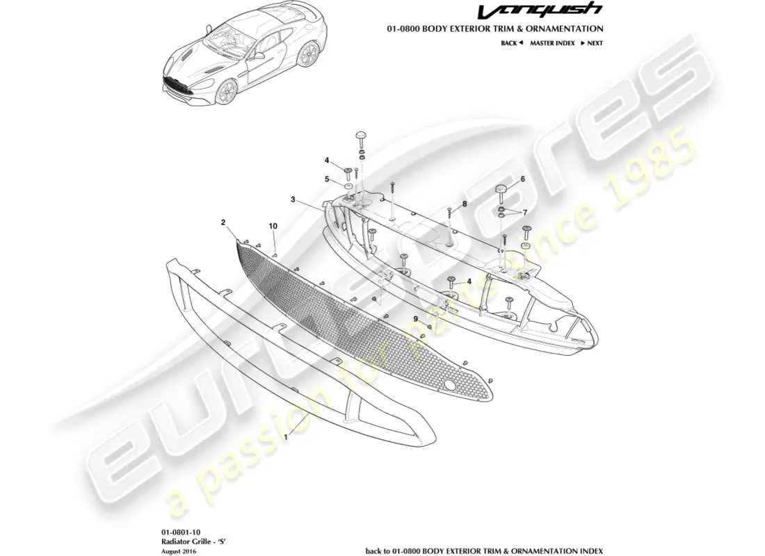 aston martin vanquish (2018) rejilla de radiador, s diagrama de piezas