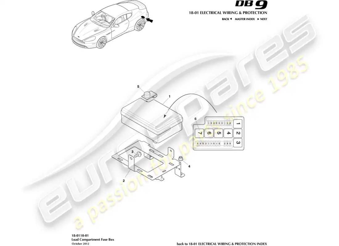 aston martin db9 (2014) caja de fusibles del compartimento de carga diagrama de piezas