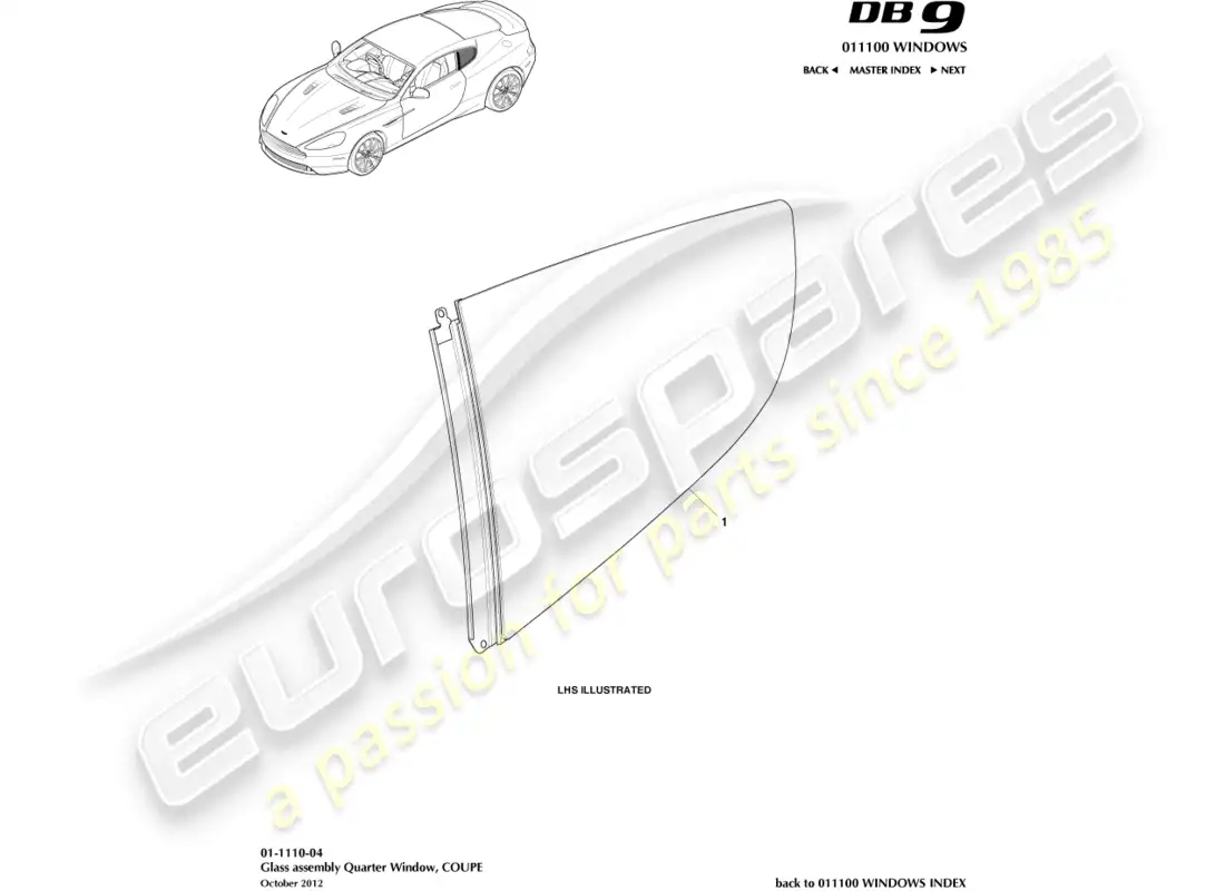 aston martin db9 (2014) vidrio trasero, cupé diagrama de piezas