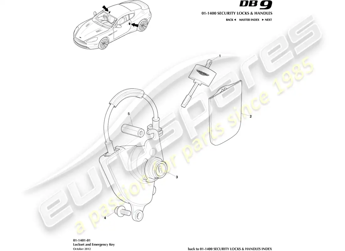 aston martin db9 (2014) juego de cerradura y llaves diagrama de piezas