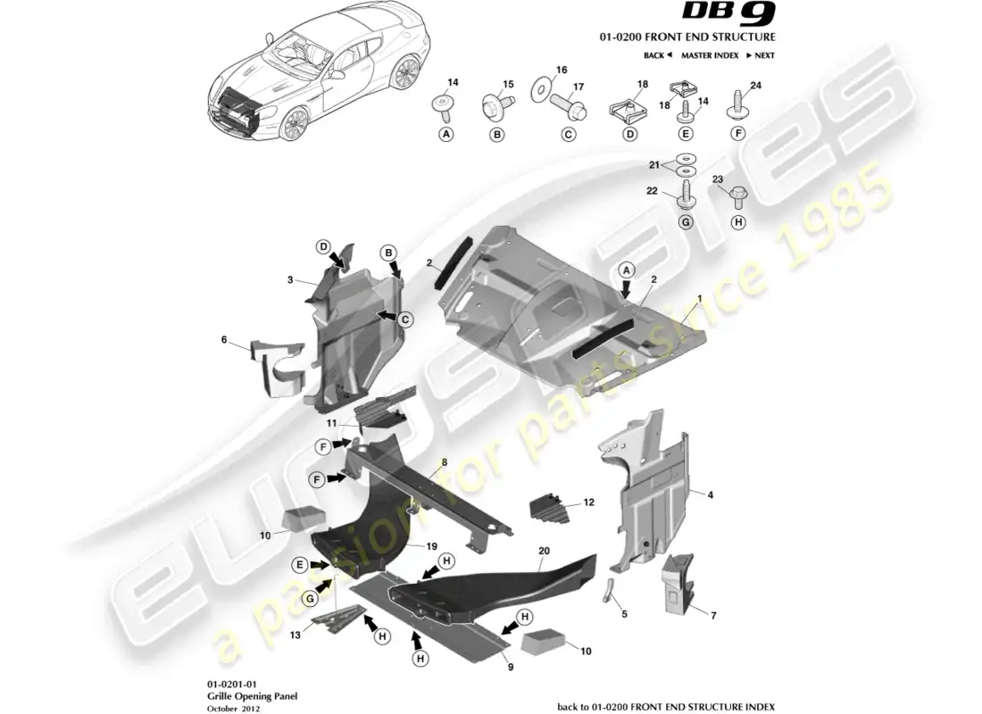 aston martin db9 (2016) panel de apertura de rejilla diagrama de piezas