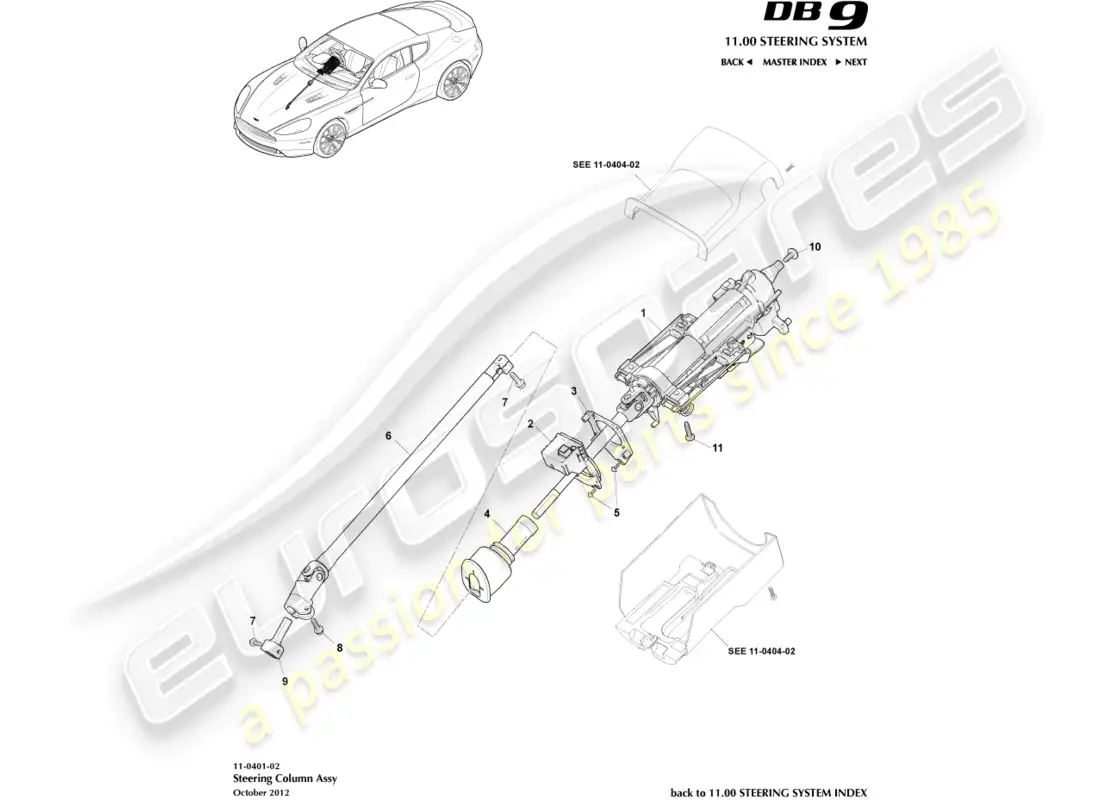aston martin db9 (2013) conjunto de columna de dirección diagrama de piezas