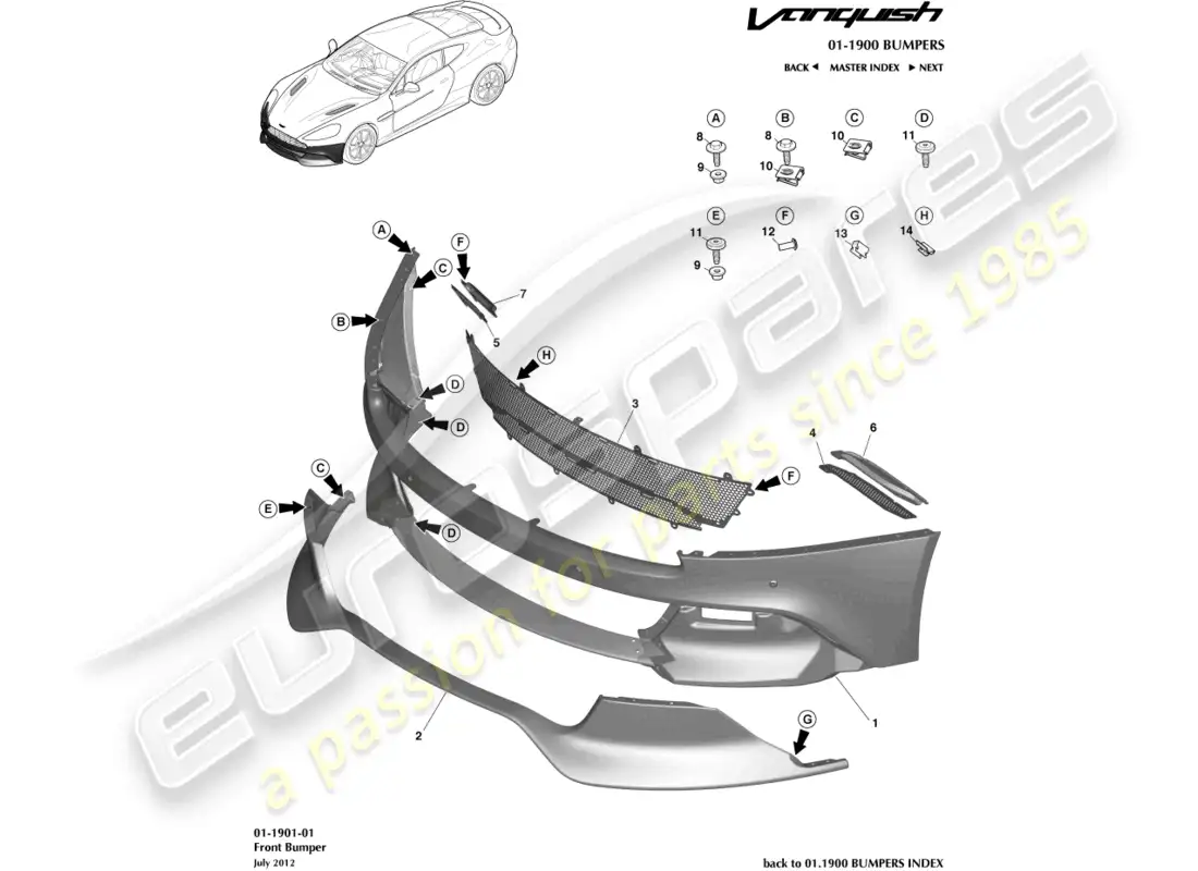 aston martin vanquish (2018) parachoques delantero diagrama de piezas