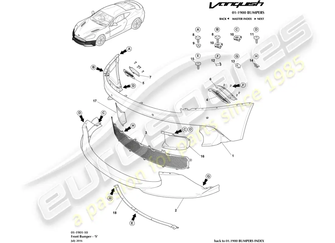aston martin vanquish (2018) parachoques delantero, s diagrama de piezas