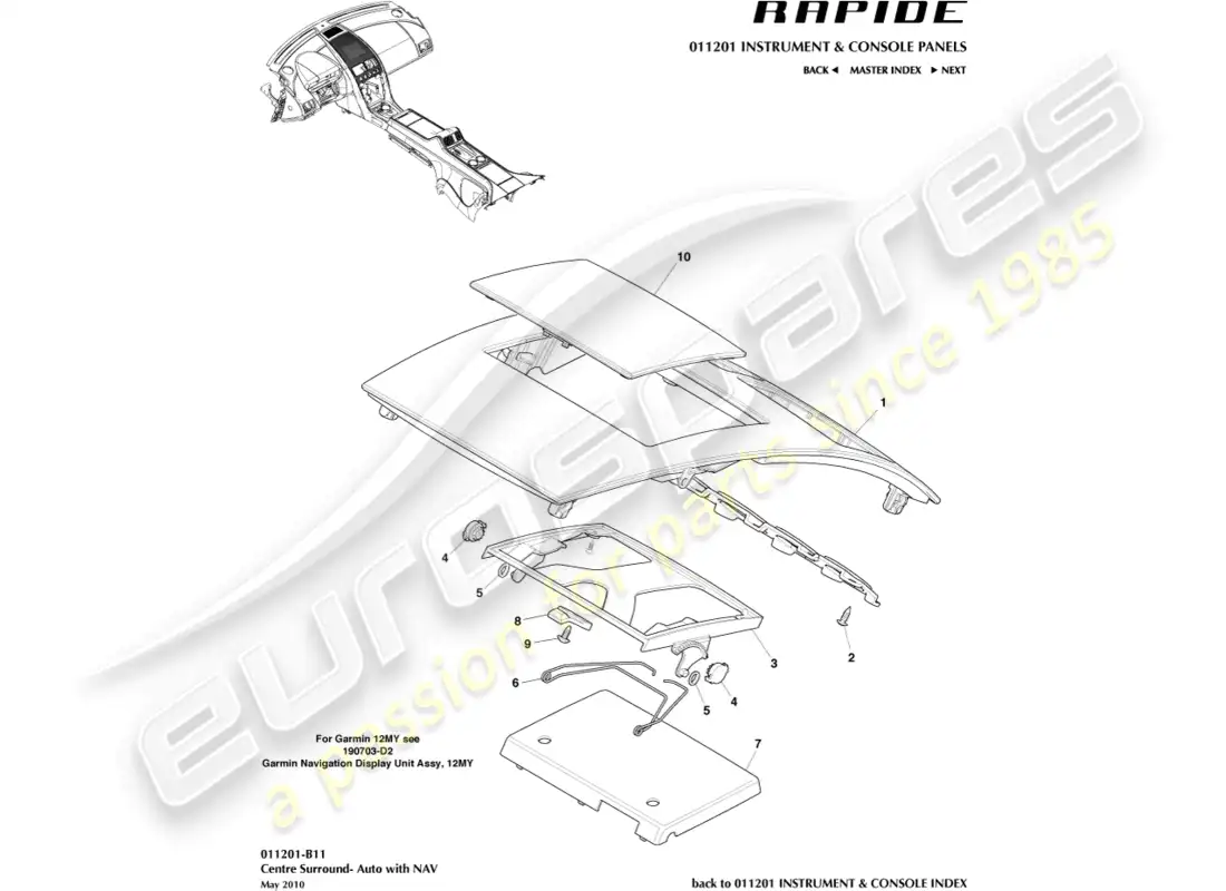aston martin rapide (2014) panel de moldura de la consola central diagrama de piezas