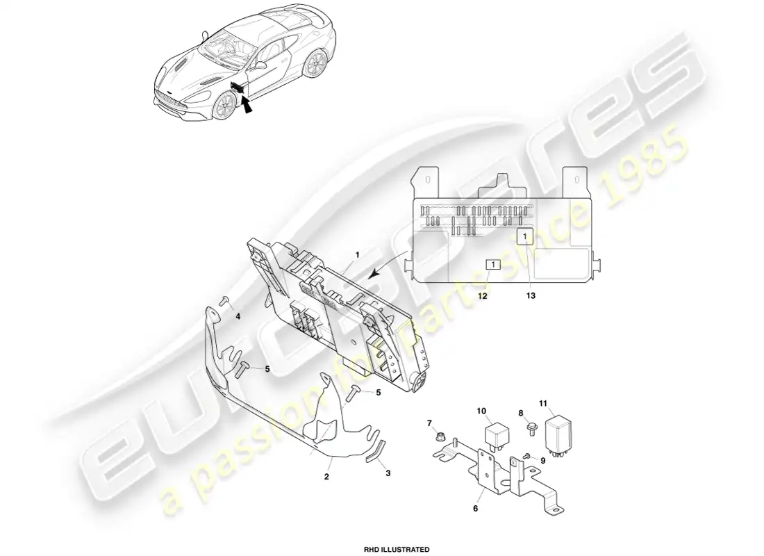 aston martin vanquish (2013) caja de fusibles del habitáculo diagrama de piezas
