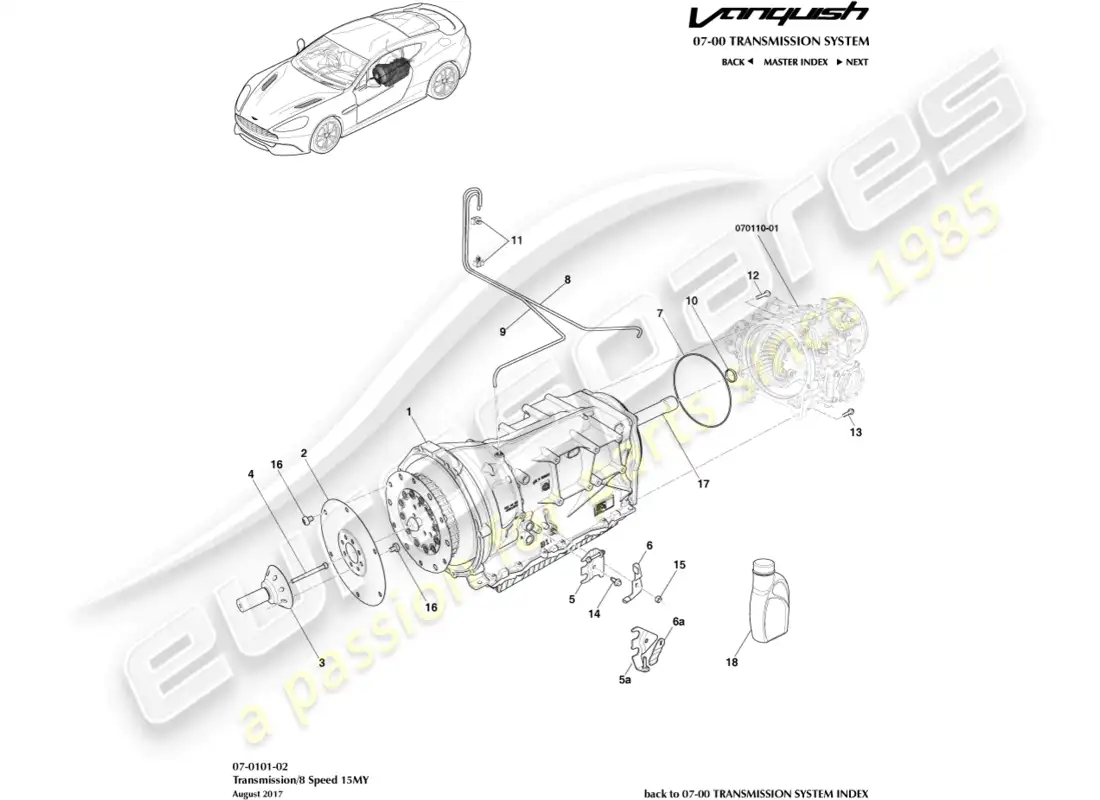 aston martin vanquish (2015) transmisión, 8 velocidad diagrama de piezas