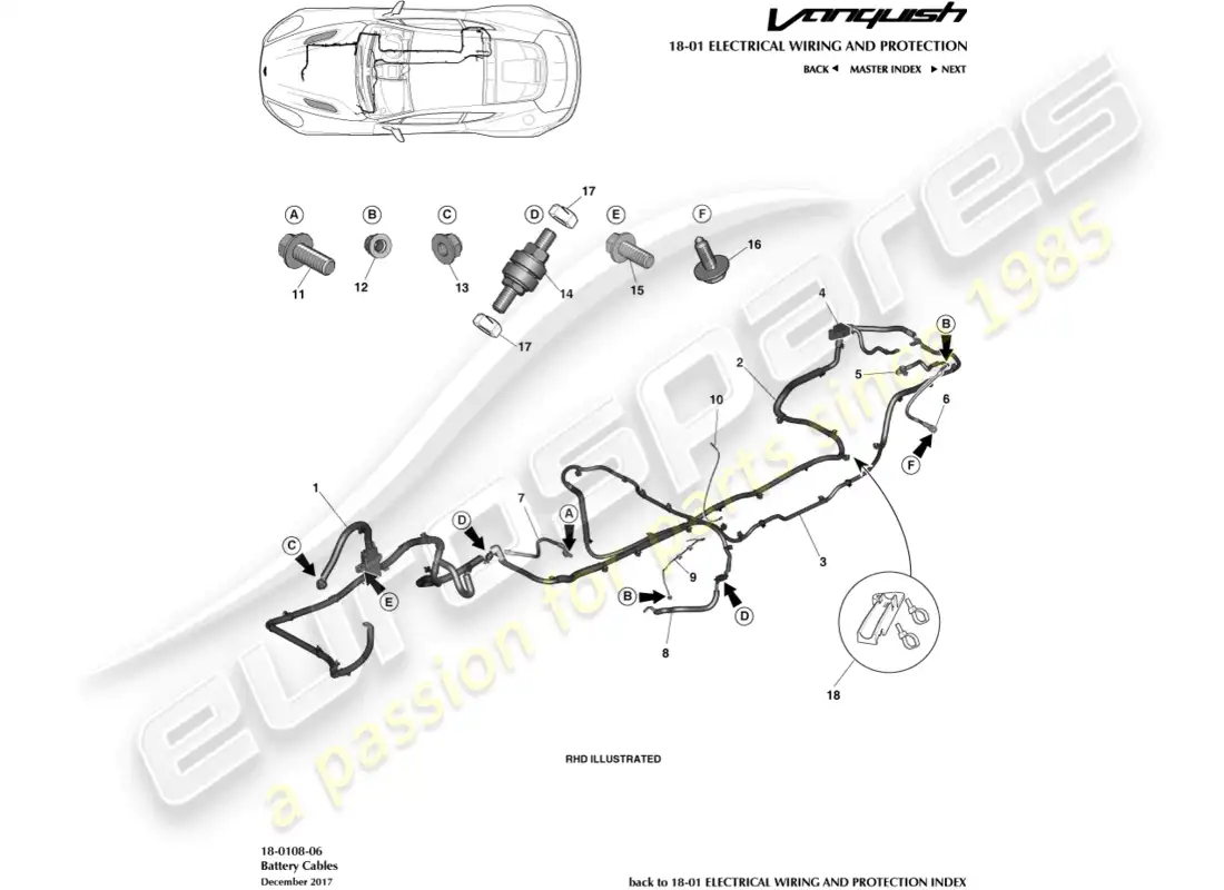 aston martin vanquish (2018) cables de batería diagrama de piezas