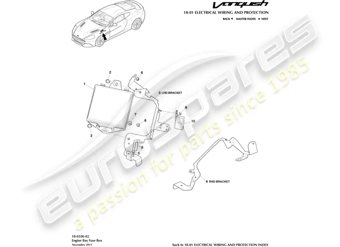 aston martin vanquish (2016) diagrama de piezas de la caja de fusibles del compartimento del motor