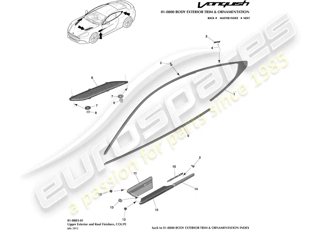 aston martin vanquish (2018) acabados exteriores superiores, cupé diagrama de piezas