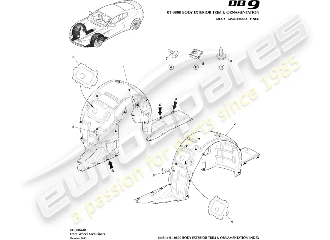 aston martin db9 (2014) revestimientos de pasos de rueda delantera diagrama de piezas