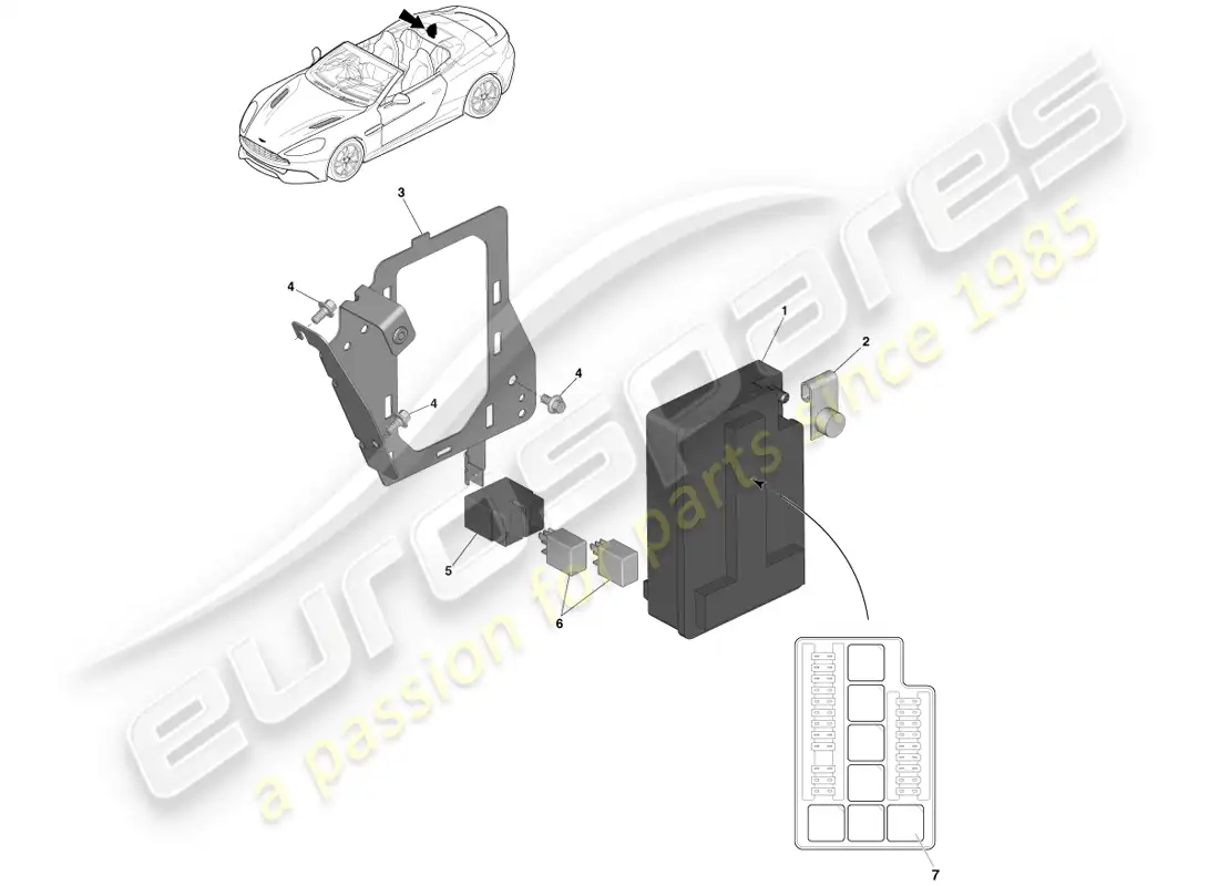 aston martin vanquish (2014) caja de fusibles del compartimento de carga diagrama de piezas