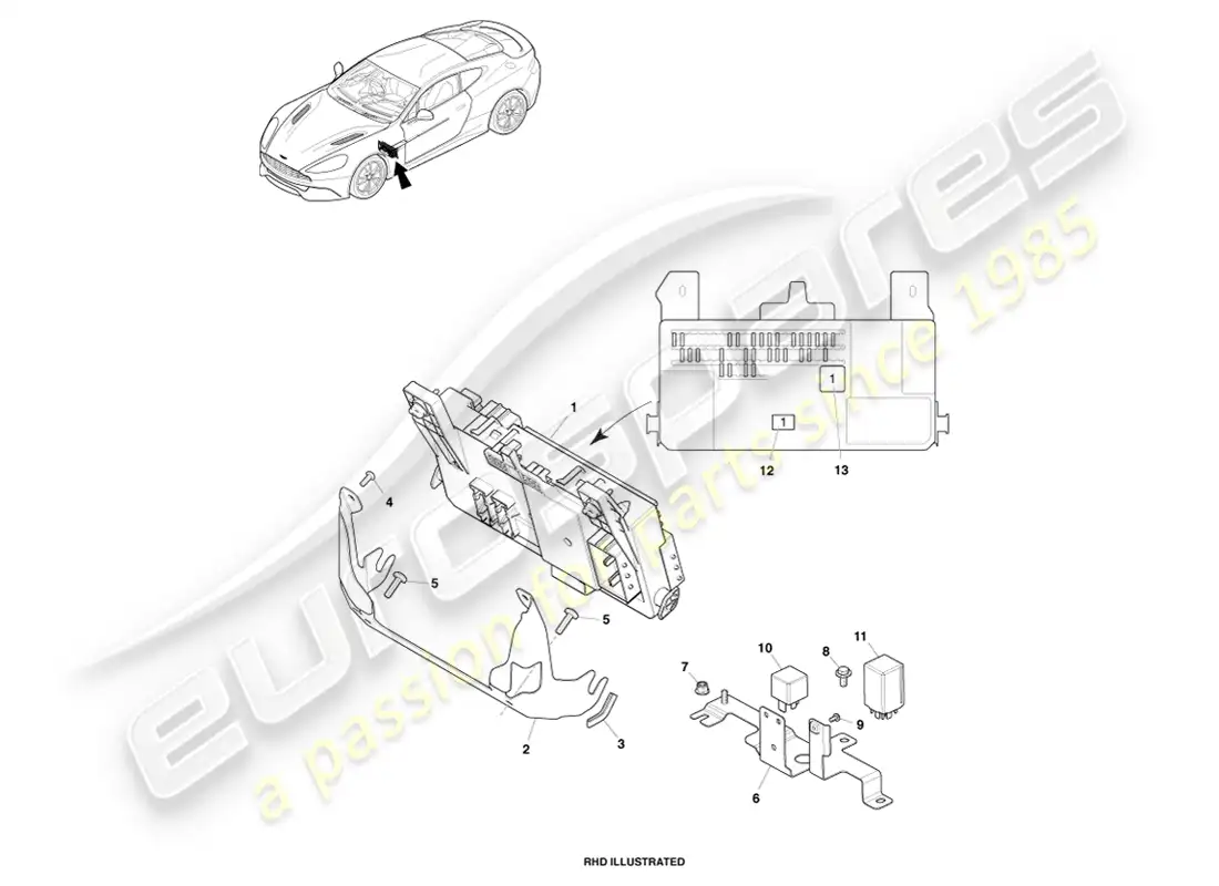 aston martin vanquish (2014) caja de fusibles del habitáculo diagrama de piezas