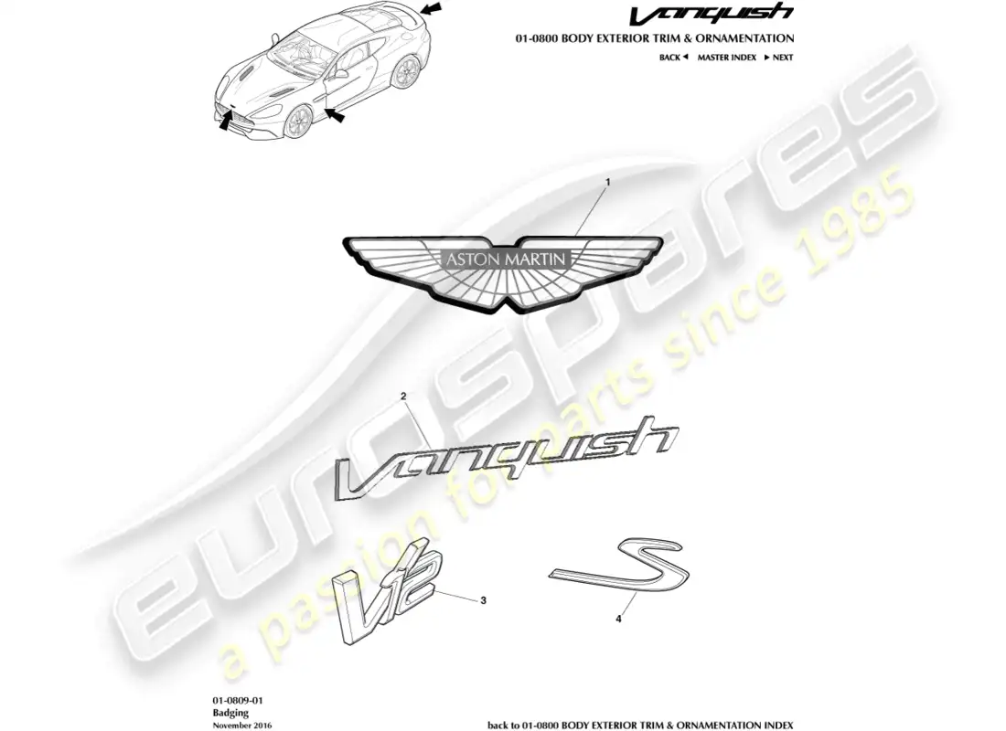 aston martin vanquish (2018) diagrama de piezas de credenciales