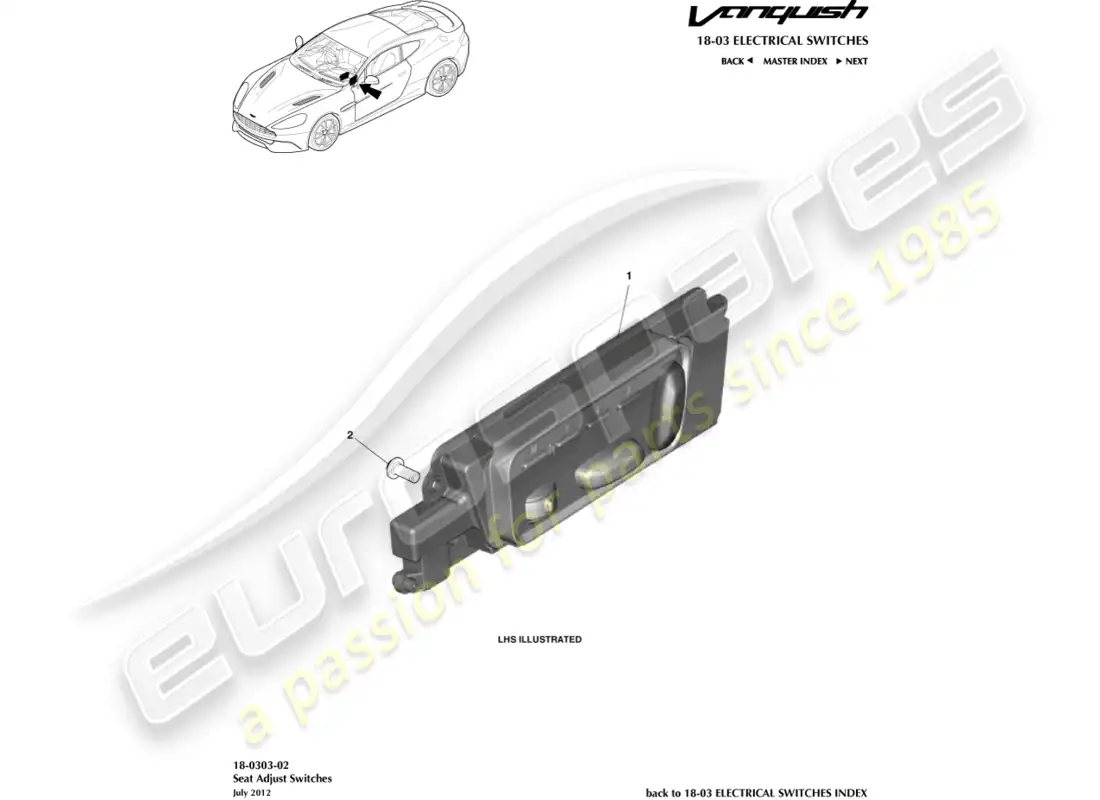 aston martin vanquish (2017) interruptores de ajuste del asiento diagrama de piezas