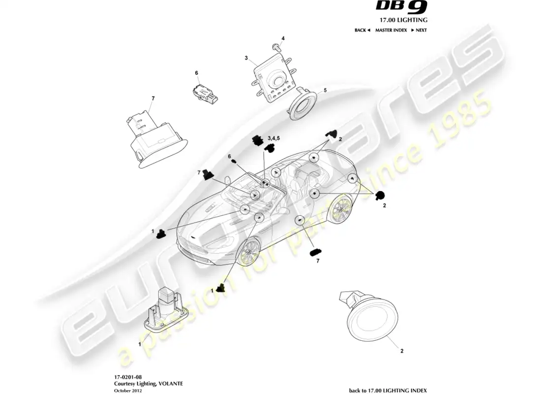 aston martin db9 (2015) iluminación de cortesía, volante diagrama de piezas