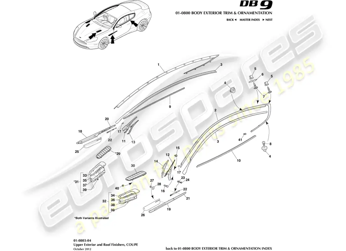 aston martin db9 (2014) acabados exteriores superiores, cupé diagrama de piezas