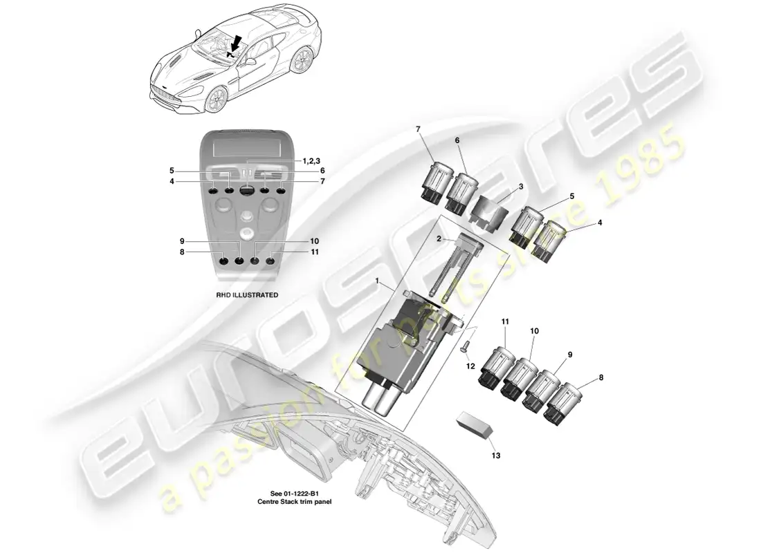 aston martin vanquish (2013) interruptores de consola central diagrama de piezas