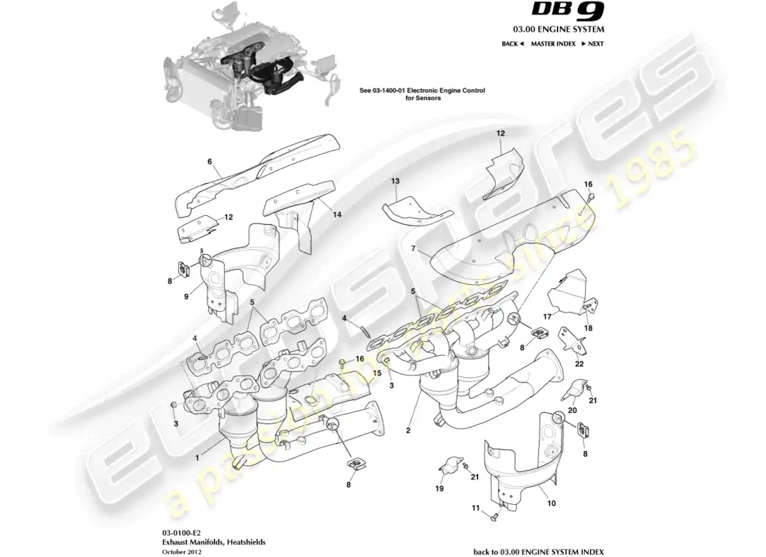 aston martin db9 (2016) colectores de escape diagrama de piezas