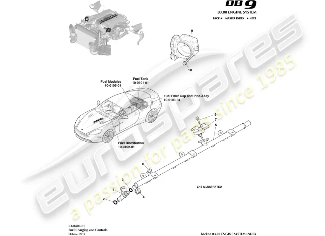 aston martin db9 (2014) controles y carga de combustible diagrama de piezas