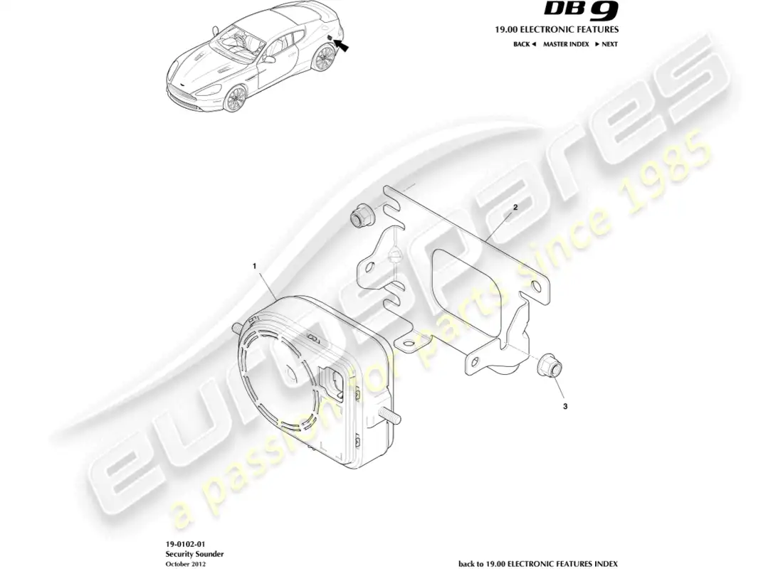 aston martin db9 (2017) bocinas y sirenas de alarma diagrama de piezas