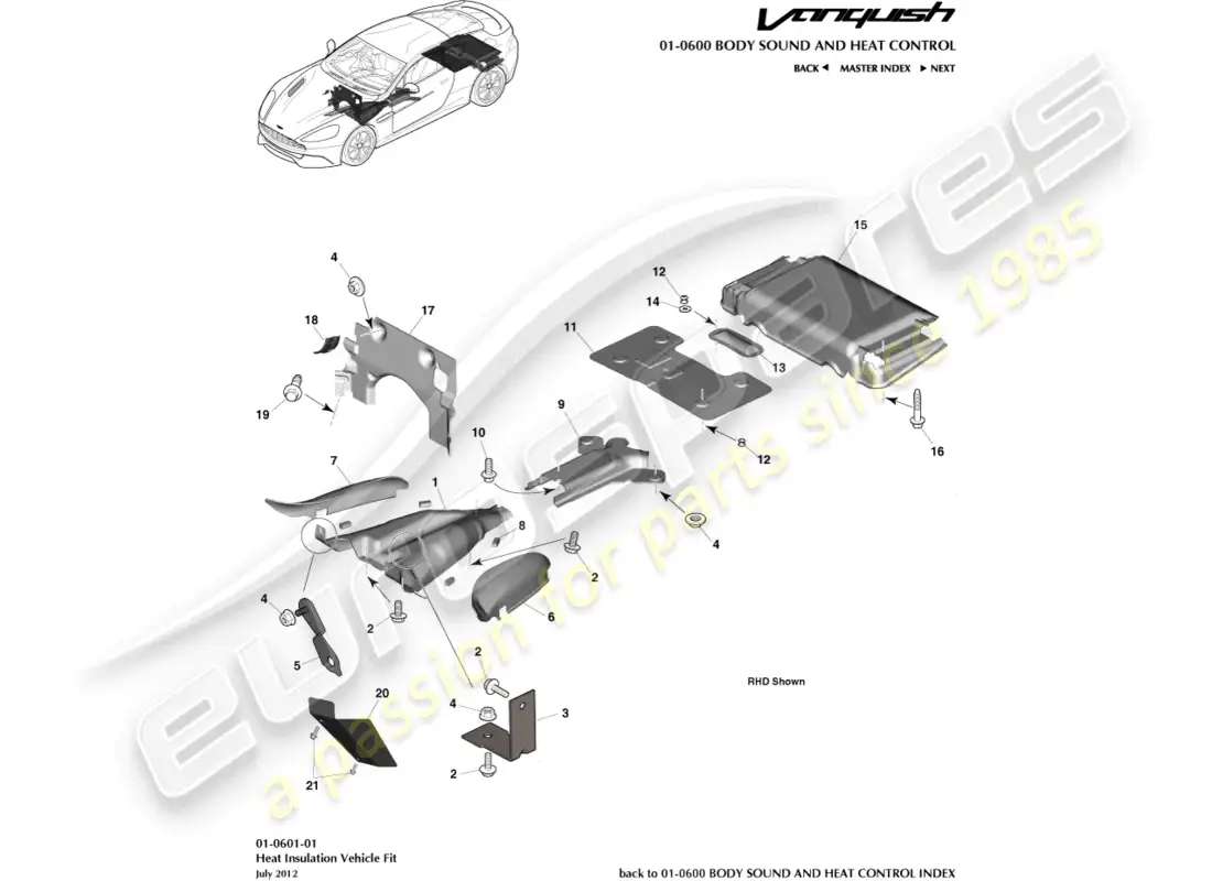 aston martin vanquish (2017) aislamiento térmico, ajuste del vehículo diagrama de piezas