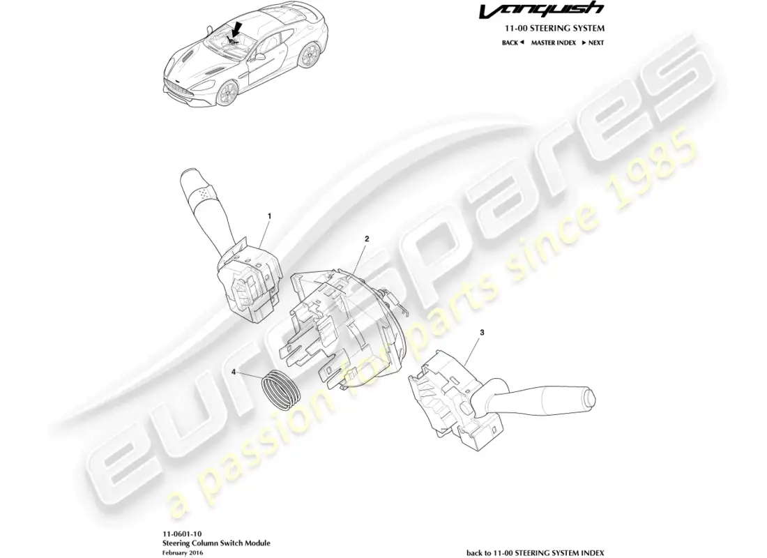 aston martin vanquish (2017) conjunto de interruptor de columna diagrama de piezas