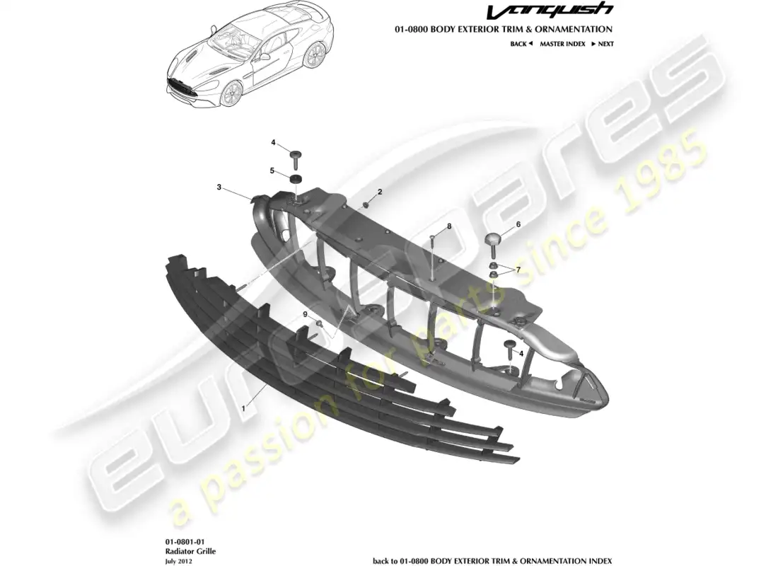 aston martin vanquish (2016) rejilla del radiador diagrama de piezas