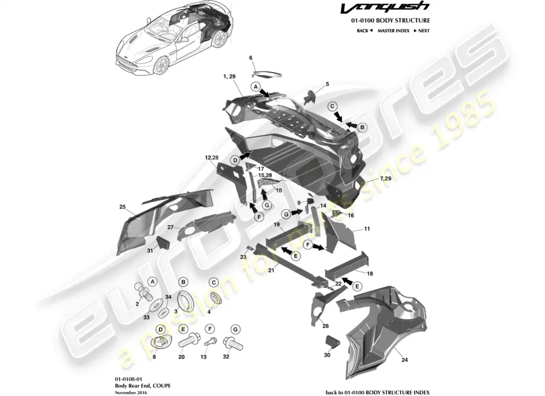 aston martin vanquish (2016) parte trasera de la carrocería, coupé diagrama de piezas