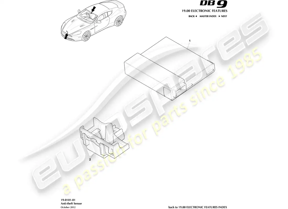 aston martin db9 (2016) sensores de alarma diagrama de piezas