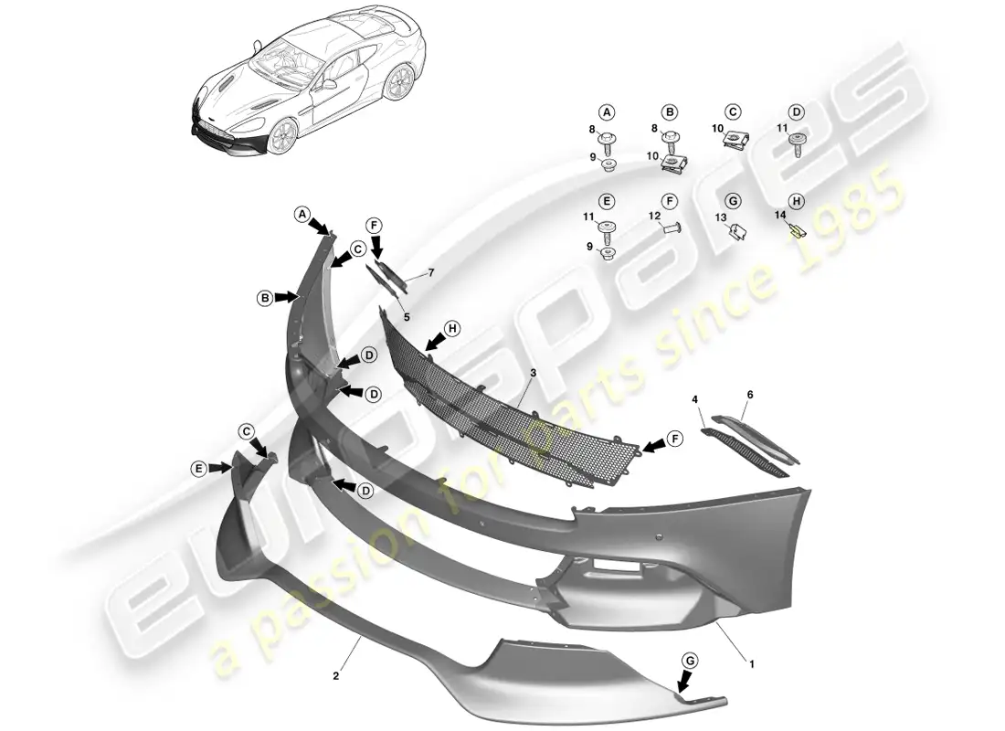 aston martin vanquish (2014) parachoques delantero diagrama de piezas