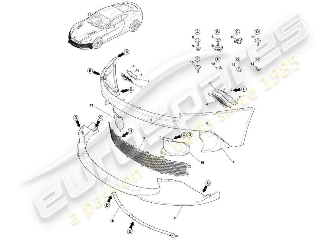 aston martin vanquish (2014) parachoques delantero, s diagrama de piezas