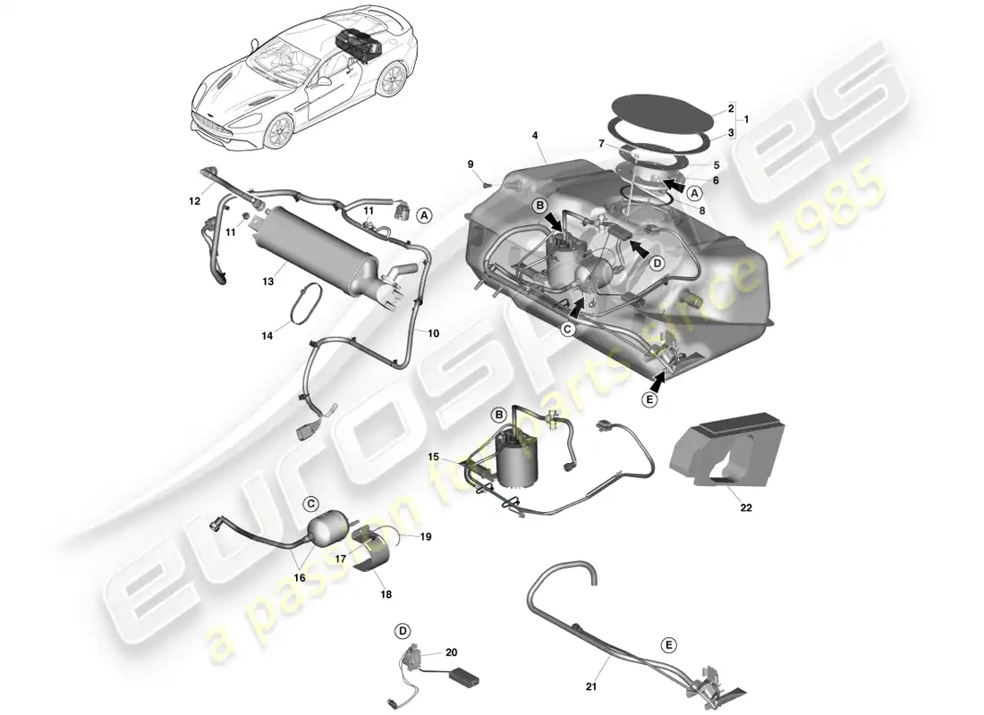 aston martin vanquish (2014) conjunto del tanque de combustible diagrama de piezas
