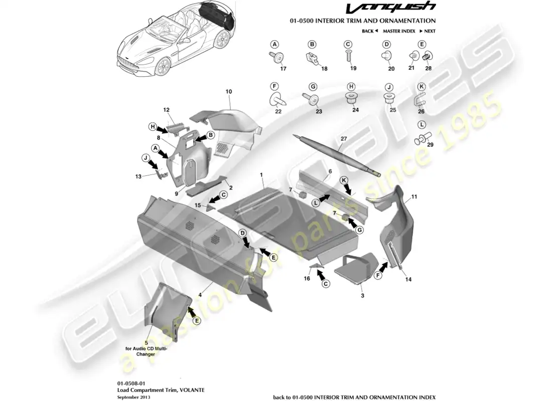 aston martin vanquish (2017) embellecedor del compartimento de carga, volante diagrama de piezas