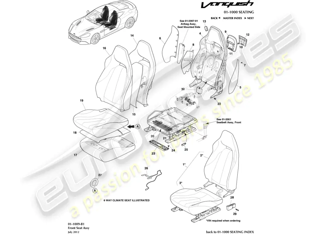 aston martin vanquish (2017) asientos delanteros diagrama de piezas