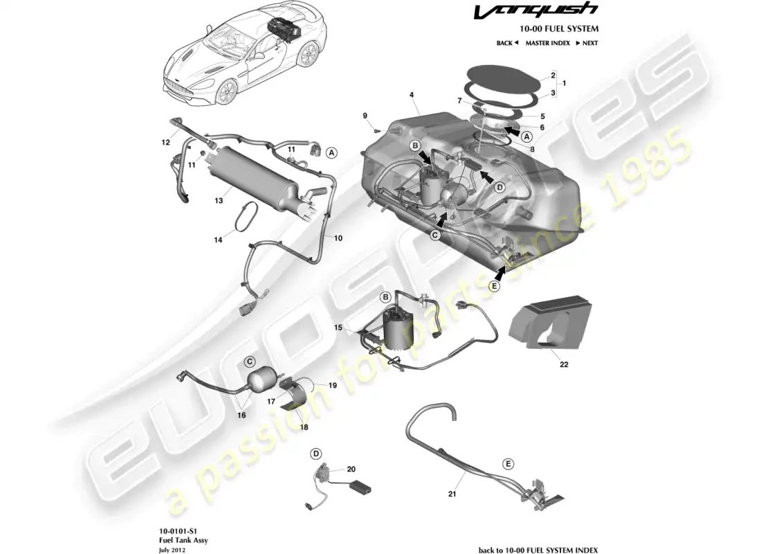 aston martin vanquish (2017) conjunto del tanque de combustible diagrama de piezas