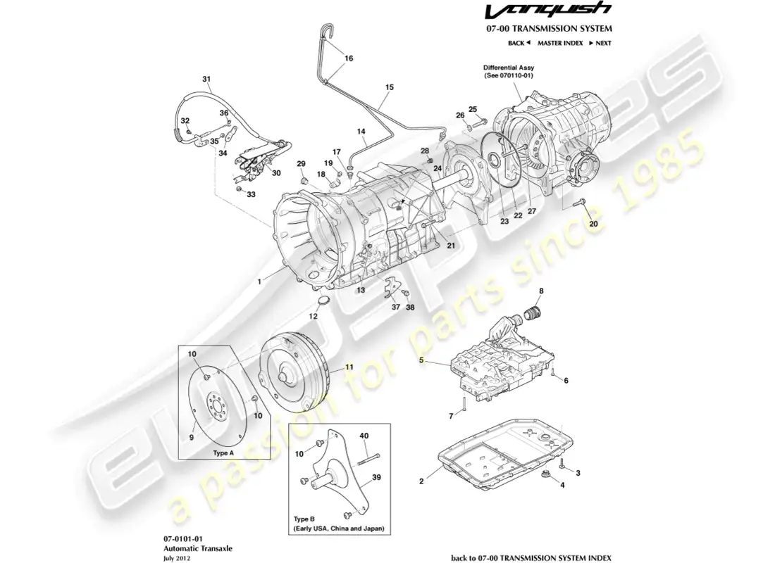 aston martin vanquish (2015) transmisión, 6 velocidad diagrama de piezas