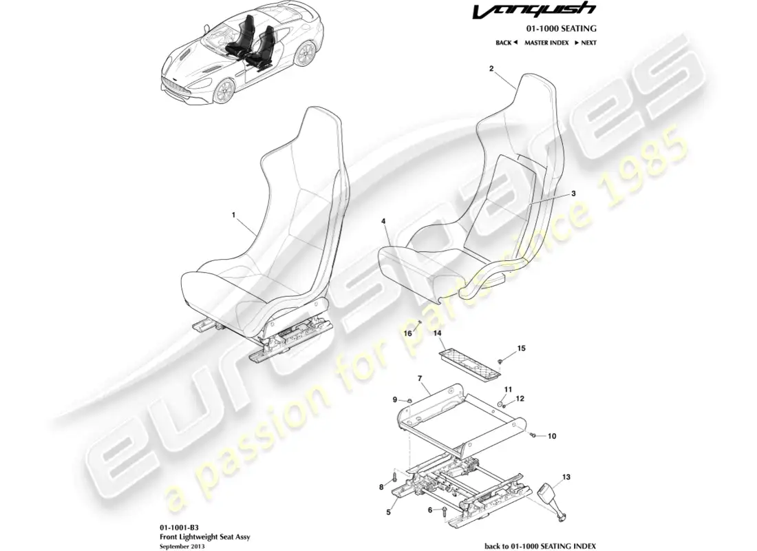 aston martin vanquish (2016) asientos delanteros livianos diagrama de piezas