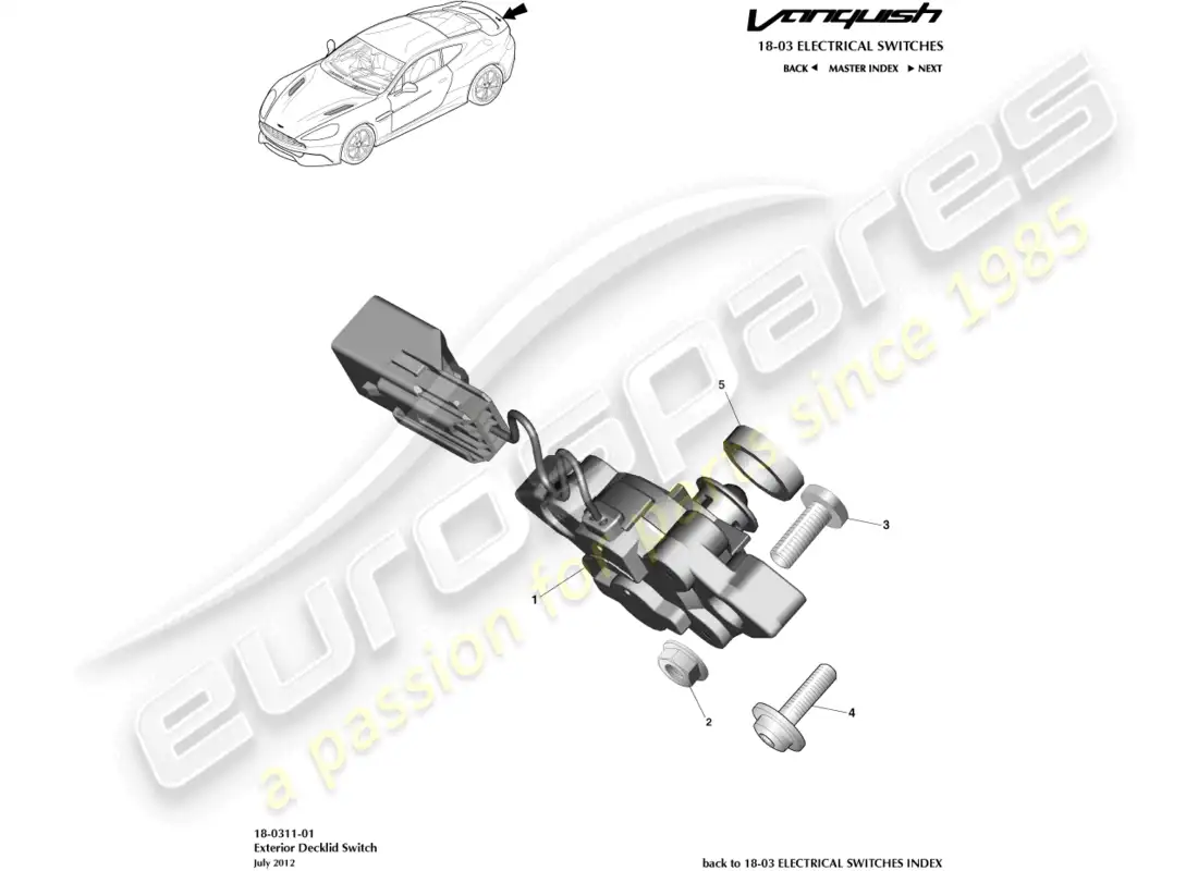 aston martin vanquish (2016) interruptor exterior de la tapa del maletero diagrama de piezas